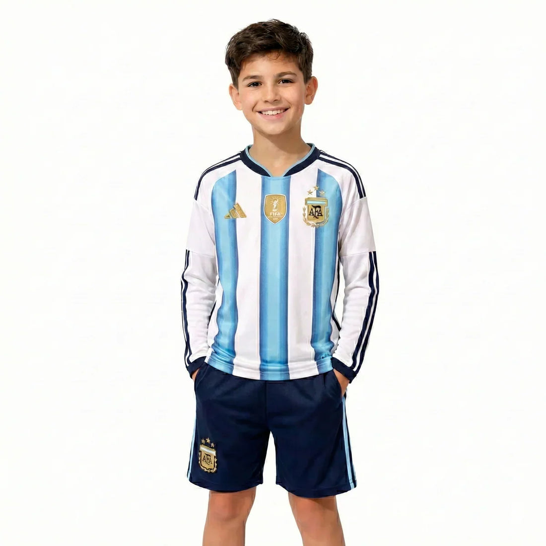T-shirt e Pantaloncini per Bambino Argentina Home 26/27 - CON TOPPA DEL CAMPIONE DELLA COPPA DEL MONDO - Manica Lunga